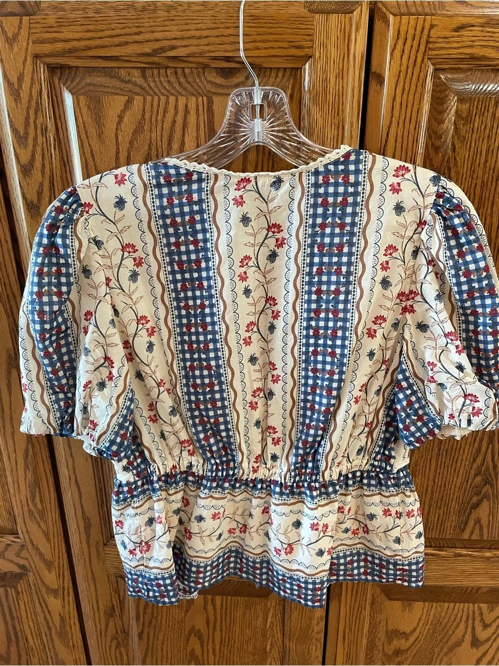 Abercrombie & Fitch Cream Peplum Blouse with Blue Check and Red Floral Accents